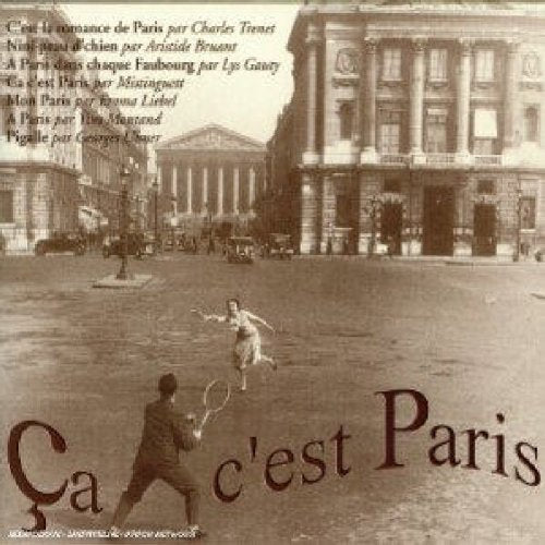 "Sepia-toned CD cover with tennis players and large building in the background."