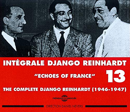 Black and white photo of Django Reinhardt with two musicians, album cover.