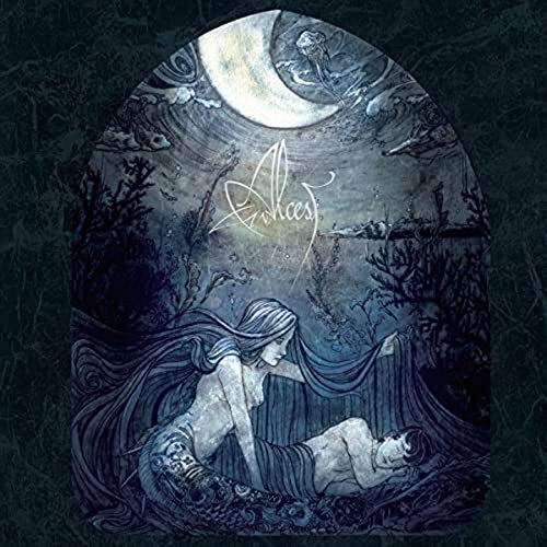 Album cover: woman with long hair, crescent moon, dark fantasy art.