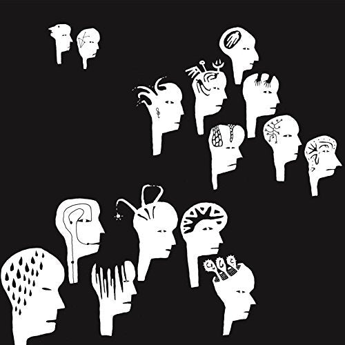 A black album cover with white silhouettes of heads featuring various designs inside.