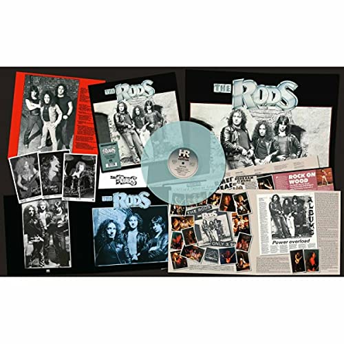 The Rods" vinyl album spread with band photos and blue record inside.