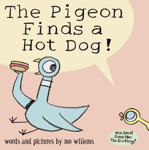 Children's book cover featuring a cartoon pigeon holding a hot dog, pink background.