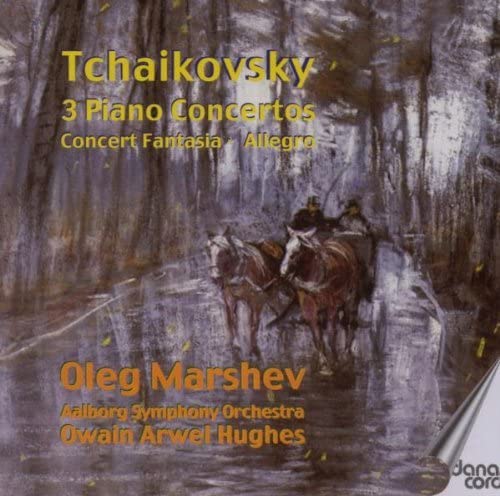 CD cover: Tchaikovsky's 3 Piano Concertos with a horse-drawn carriage scene.