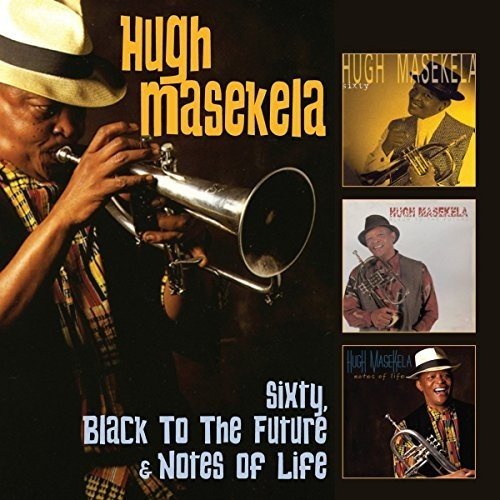 Hugh Masekela playing trumpet, with three album covers on a black background.