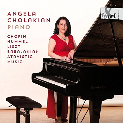 "Album cover featuring a woman in red standing beside a grand piano."