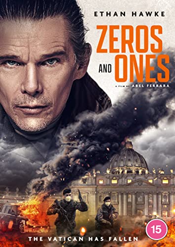 DVD cover for "Zeros and Ones" featuring Ethan Hawke and a city scene.