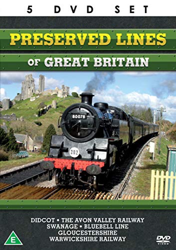 "Image shows a DVD cover featuring a black steam train on tracks."