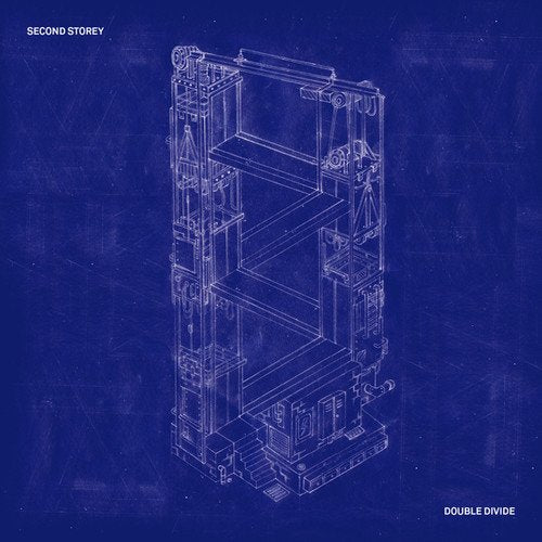 Blueprint-style illustration of a complex, multi-level shelving unit on blue.