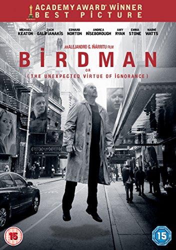 DVD cover of "Birdman" featuring a man in a coat floating above a city street.