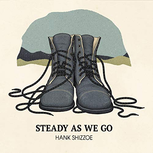 "Album cover with a pair of boots and abstract landscape, titled 'Steady As We Go'."