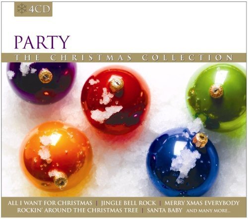 "Christmas CD cover featuring five colorful ornaments with snow on a white background."