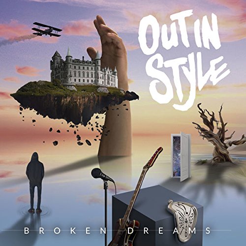 "Album cover art: surreal landscape with hand, castle, and musical elements."