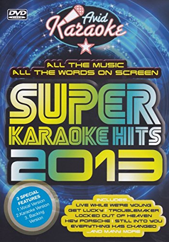 "Image of a DVD cover for 'Super Karaoke Hits 2013' with blue and yellow text."