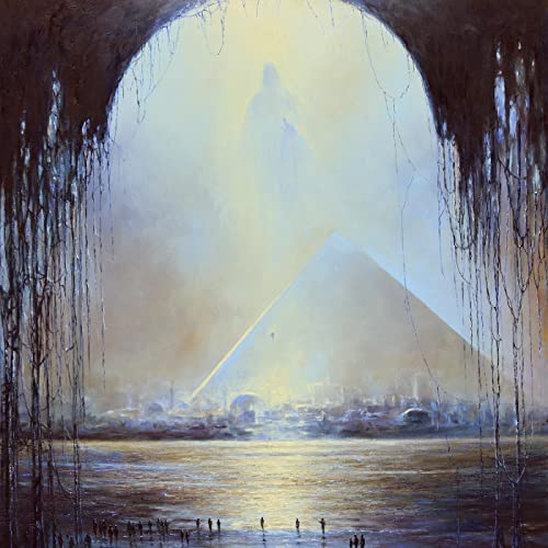 Pyramid landscape painting with a glowing figure and silhouetted people.