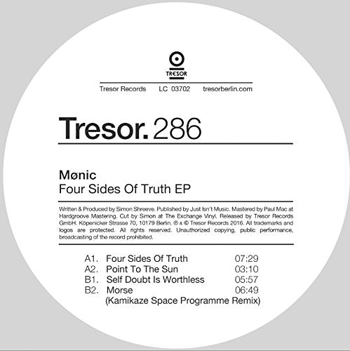 White vinyl record label with black text, displaying song titles and artist information.