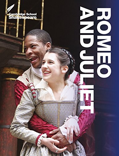"Book cover of 'Romeo and Juliet' featuring a man and woman in period costumes embracing."