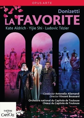 DVD cover for "La Favorite" opera, featuring three arches with performers in period costumes.