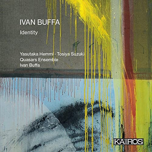 CD cover for Ivan Buffa’s “Identity” with abstract yellow and red paint drips.