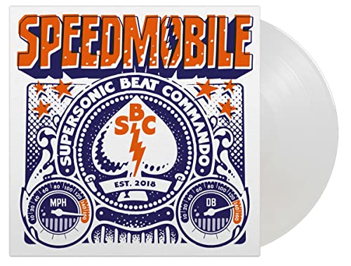 Record cover with orange and blue graphics, alongside a white vinyl LP.