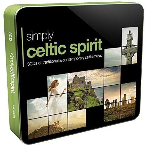 "CD cover with Celtic-themed images on black background, titled 'Simply Celtic Spirit'."