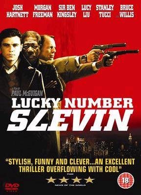 DVD cover for “Lucky Number Slevin” featuring actors with guns.