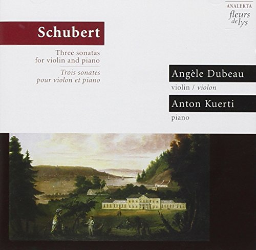 "CD cover featuring a landscape painting and text about Schubert's violin sonatas."