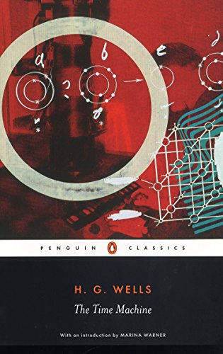 "The Time Machine" book cover with red background, clock face, and geometric shapes.