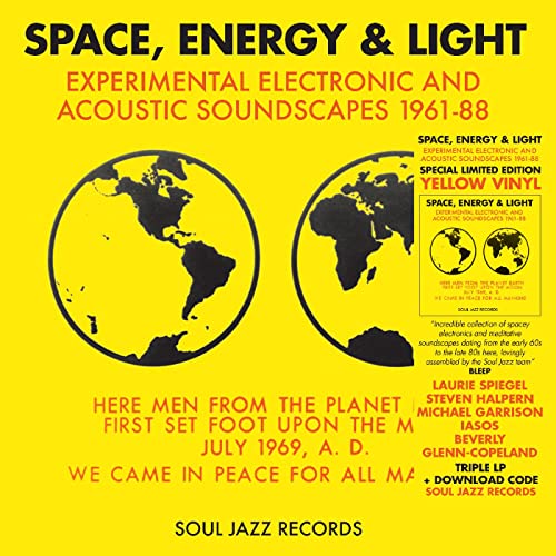 Yellow vinyl record cover with a world map and text details.