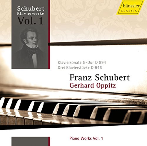 "CD cover featuring piano keys and portrait of Franz Schubert."