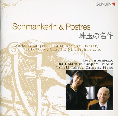 CD cover for "Schmankerln & Postres" featuring musicians and abstract art.