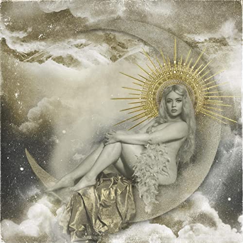 Woman with halo sits on crescent moon amidst clouds and stars.