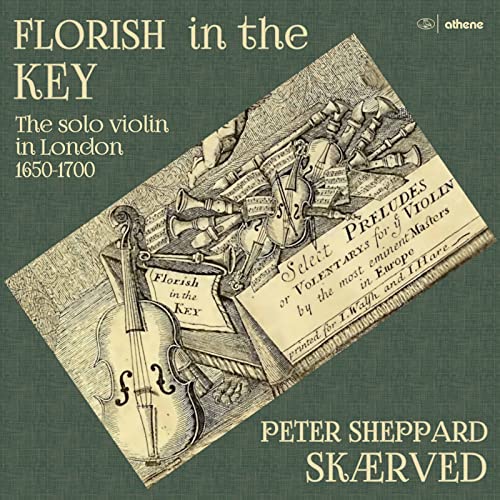 CD cover: vintage illustration of violins and musical scores, green background.