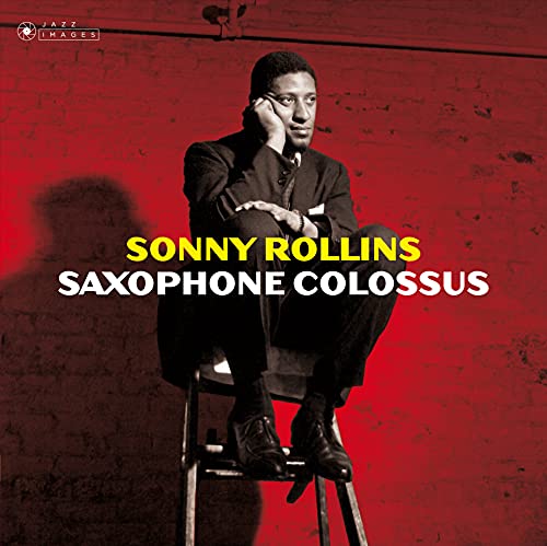 Sonny Rollins album cover, red background, man seated on a chair.