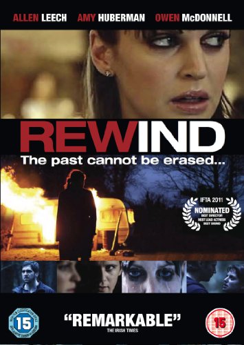 DVD cover for horror film "Rewind" featuring a distressed woman and burning building.