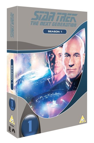 "Grey DVD box set with 'Star Trek: The Next Generation Season 1' and character images."