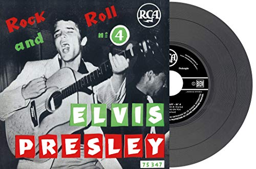Elvis Presley playing guitar on a vintage record album cover.