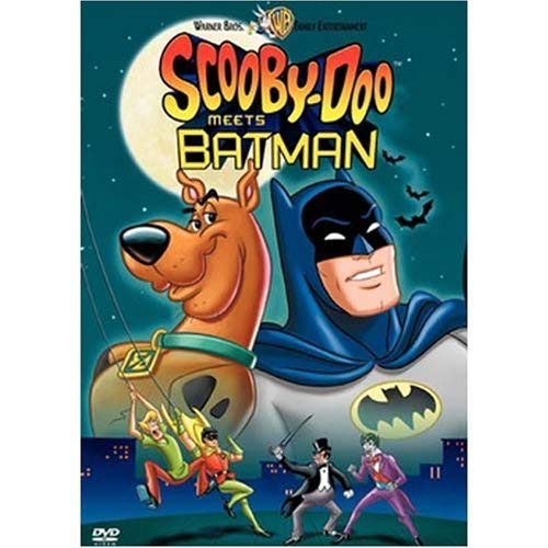 "Scooby-Doo Meets Batman DVD cover featuring Scooby-Doo, Batman, and villains against a nighttime cityscape."
