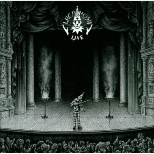 Black and white illustration of a stage with a cloaked figure and audience.