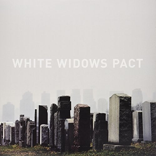 Album cover with gravestones in a foggy cemetery and city skyline.