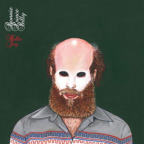 Painted portrait of a bearded man wearing a blank, white mask.