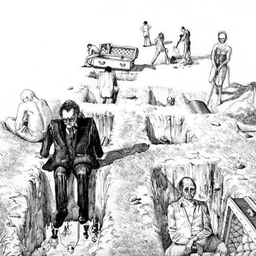 Black and white illustration of figures near open graves and coffins.