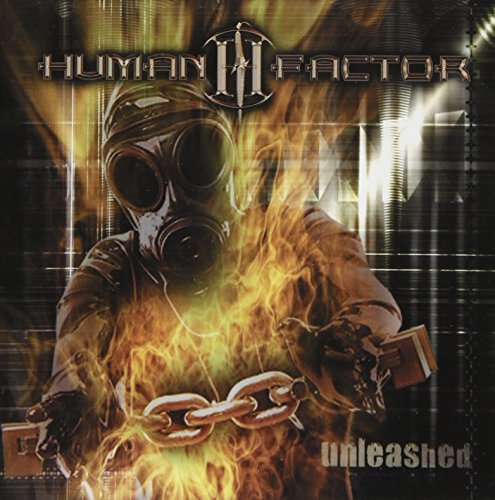 "Album cover with a person in a gas mask surrounded by flames and broken chains."
