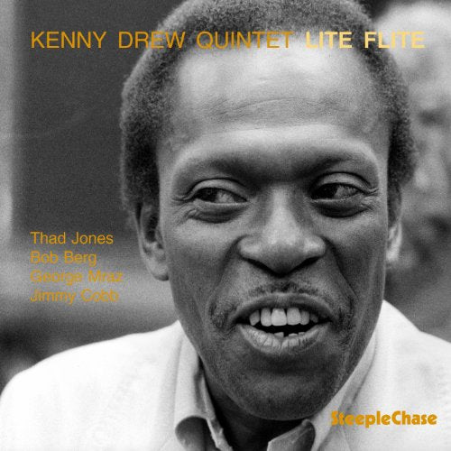 Black and white portrait of jazz pianist Kenny Drew, album cover.