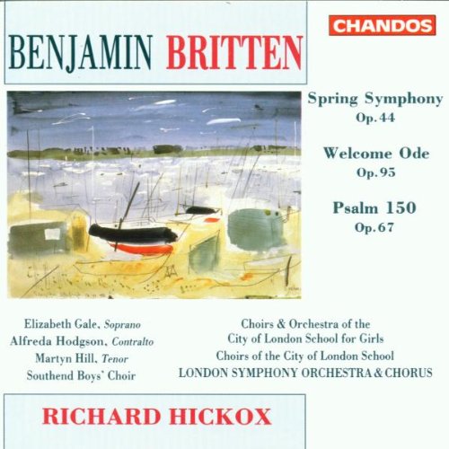 "CD cover featuring a painting of boats on a beach, with text listing musical works."