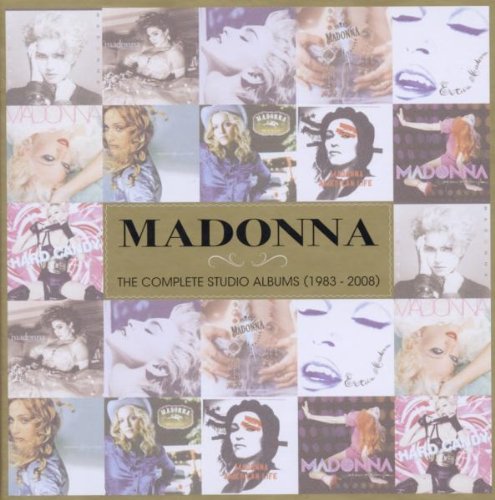 "Collage of 16 Madonna album covers with gold background and black text."