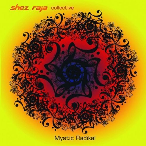"Album cover with a red and yellow background, featuring a black floral design."