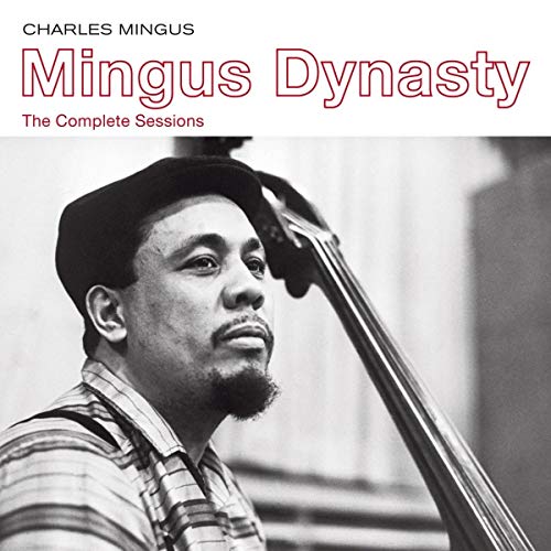 Charles Mingus portrait with bass, album cover for “Mingus Dynasty.”