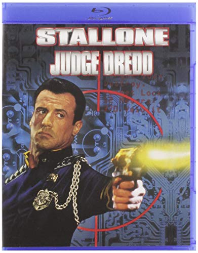 Sylvester Stallone as Judge Dredd, holding a gun, on a Blu-ray cover.