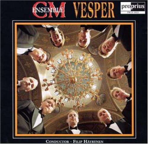 "CD cover featuring a group of men in suits around a chandelier."