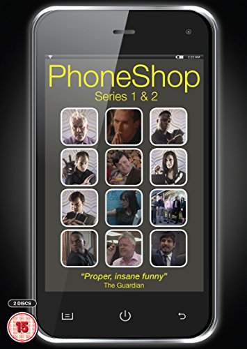 A mobile phone displays the "PhoneShop Series 1 & 2" DVD cover with character images.